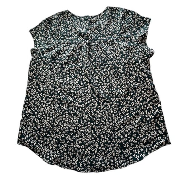 Monday Fun Hunter Green & Cream Mini Floral Popover Top with Cap Sleeves- Size L - Picture 5 of 8